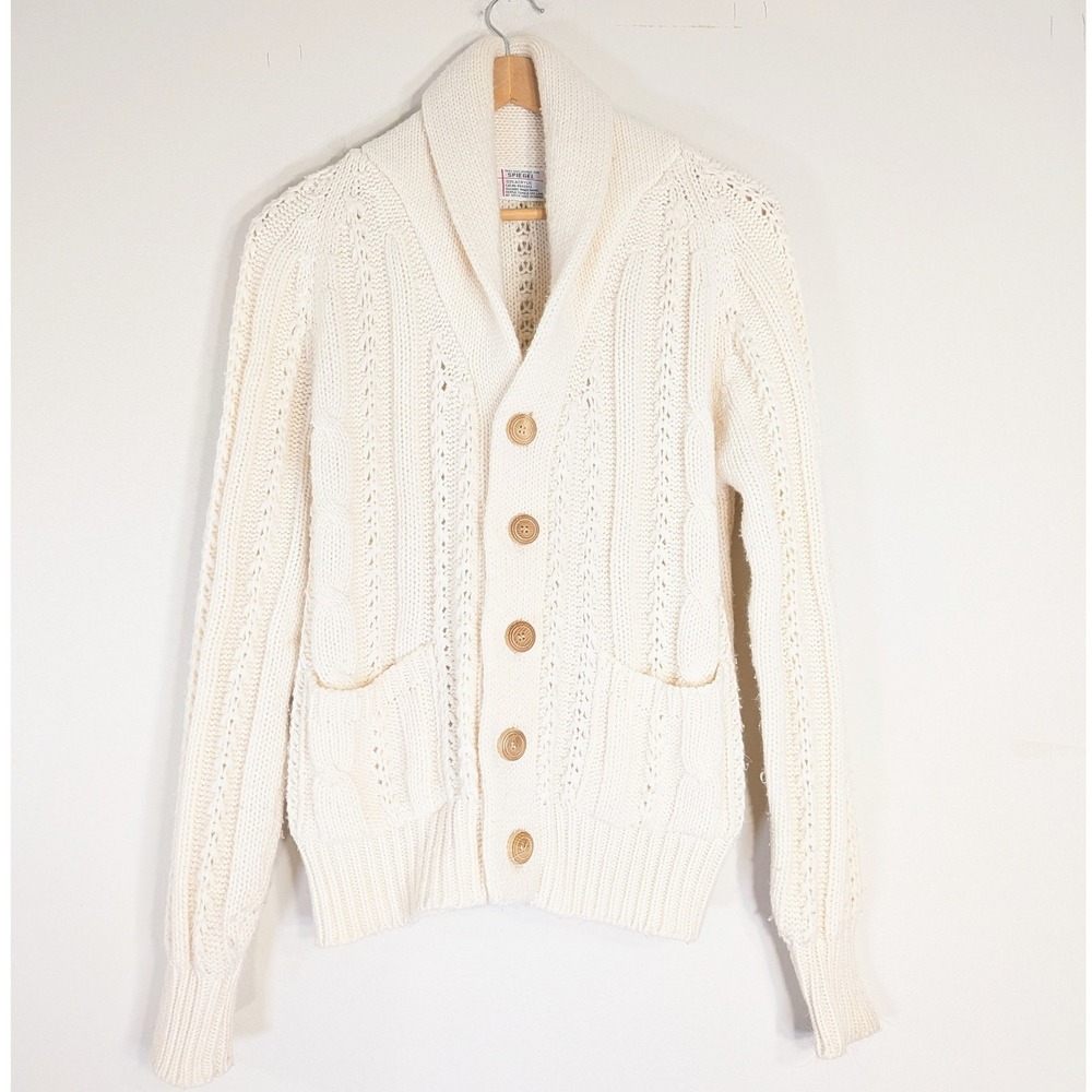 Spiegel Cream Cardigan Sweater; Vintage Cable Knit Shawl Collar Button Up